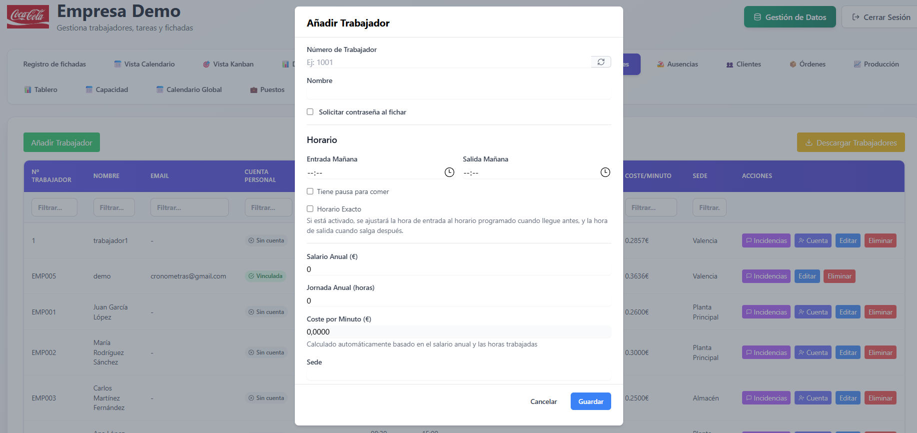 Interfaz simplificada de terminal de fichaje industrial